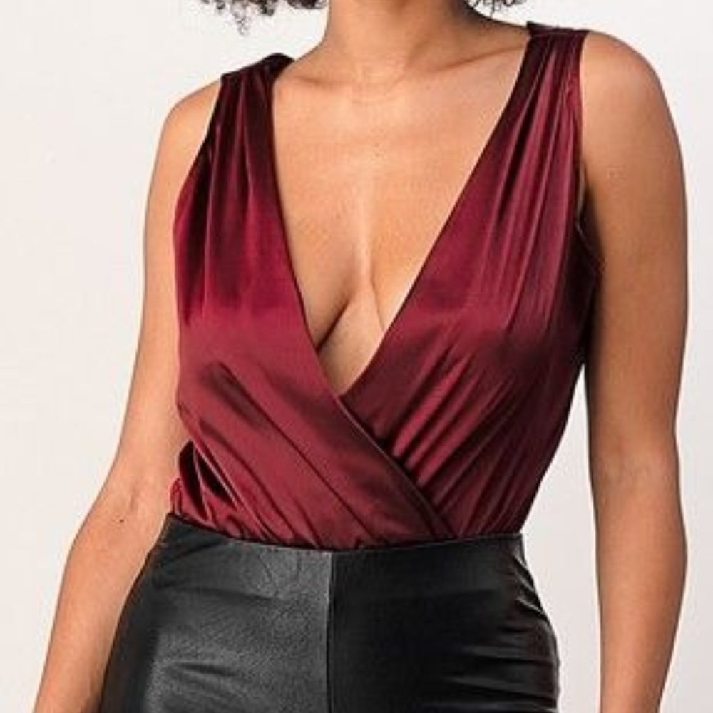 Satin Plunged Burgundy Bodysuit